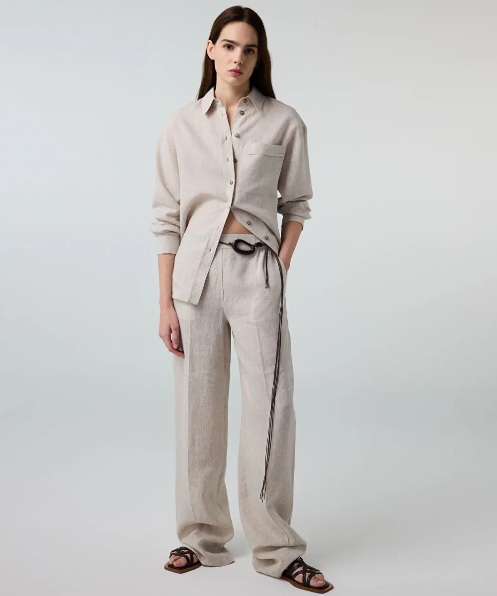 Pressed-Crease Belted Linen Trousers